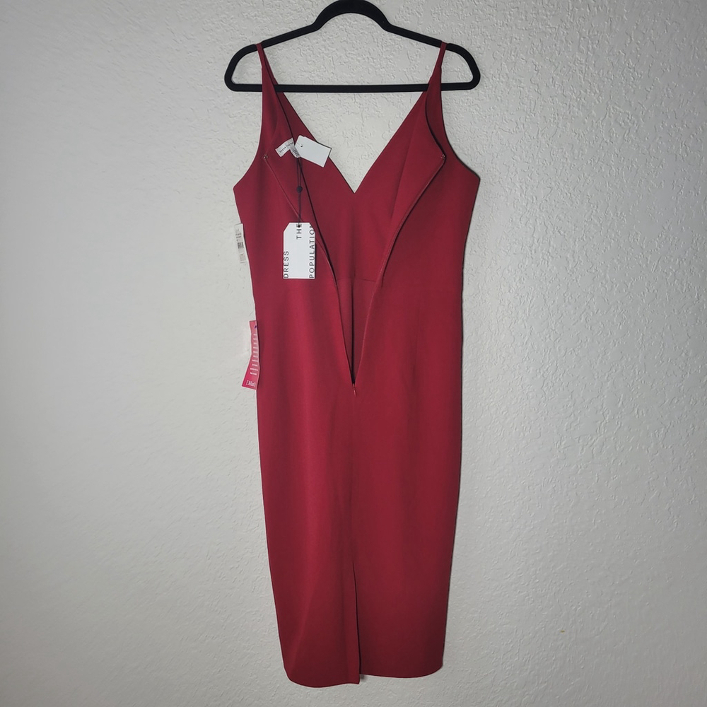$168 DRESS The POPULATION RED V-Neck Plunge Lyla Stretch Crepe Midi Dress L - Picture 8 of 8